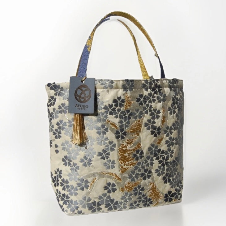 Vintage Fukuro Obi Mini Tote Bag — Gray-Blue Sakura on Ivory Silk