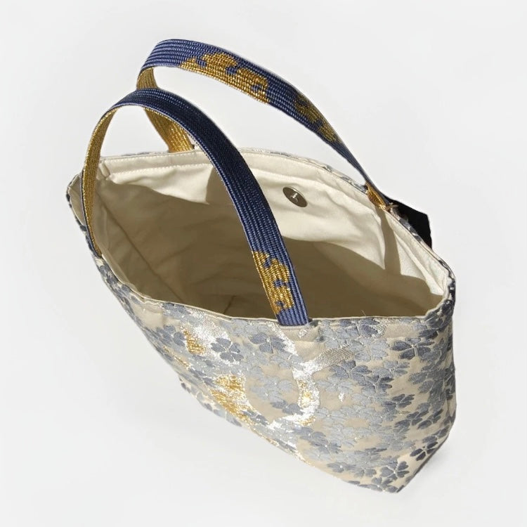 Vintage Fukuro Obi Mini Tote Bag — Gray-Blue Sakura on Ivory Silk