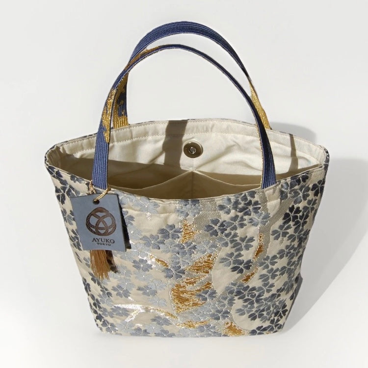 Vintage Fukuro Obi Mini Tote Bag — Gray-Blue Sakura on Ivory Silk