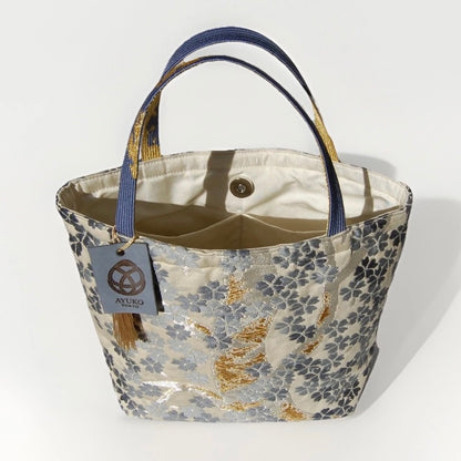 Vintage Fukuro Obi Mini Tote Bag — Gray-Blue Sakura on Ivory Silk