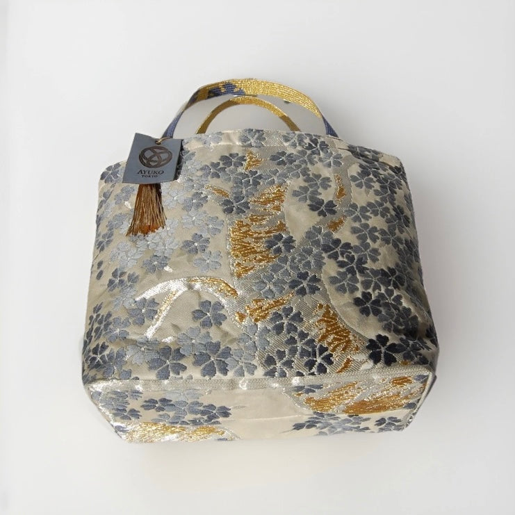 Vintage Fukuro Obi Mini Tote Bag — Gray-Blue Sakura on Ivory Silk