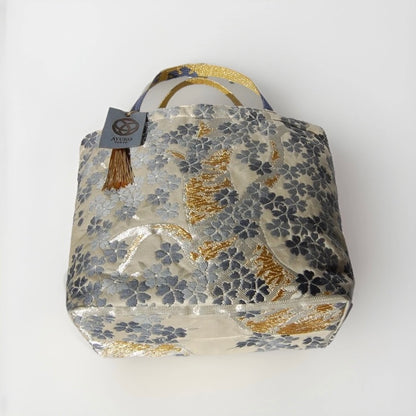 Vintage Fukuro Obi Mini Tote Bag — Gray-Blue Sakura on Ivory Silk