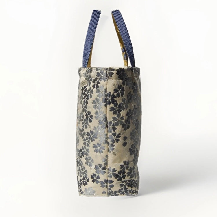 Vintage Fukuro Obi Mini Tote Bag — Gray-Blue Sakura on Ivory Silk