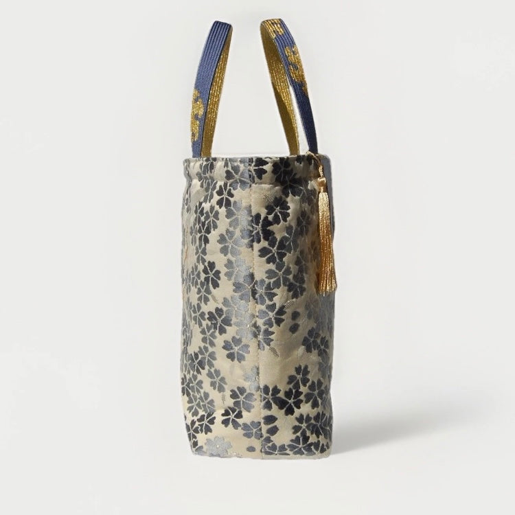 Vintage Fukuro Obi Mini Tote Bag — Gray-Blue Sakura on Ivory Silk