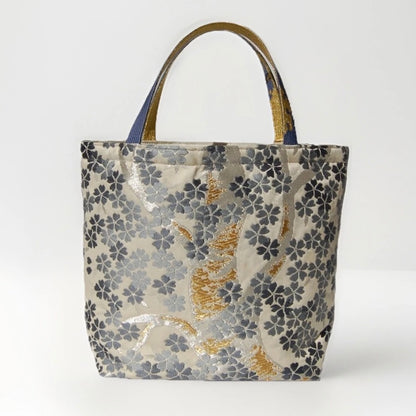 Vintage Fukuro Obi Mini Tote Bag — Gray-Blue Sakura on Ivory Silk