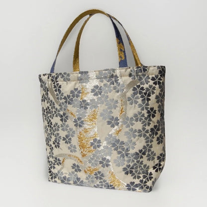 Vintage Fukuro Obi Mini Tote Bag — Gray-Blue Sakura on Ivory Silk