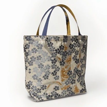 Vintage Fukuro Obi Mini Tote Bag — Gray-Blue Sakura on Ivory Silk