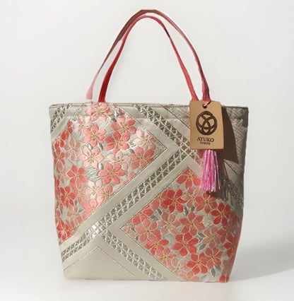 Vintage Fukuro Obi Mini Tote Bag — Pink Sakura on Silver Silk