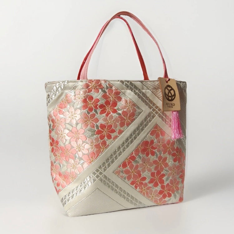 Vintage Fukuro Obi Mini Tote Bag — Pink Sakura on Silver Silk