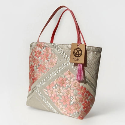 Vintage Fukuro Obi Mini Tote Bag — Pink Sakura on Silver Silk