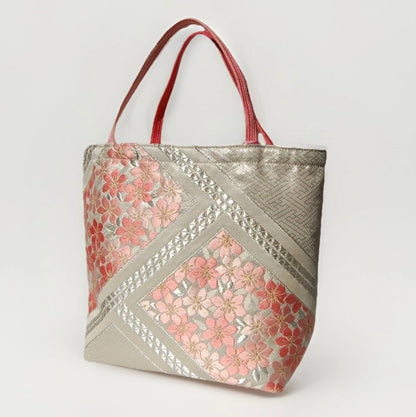 Vintage Fukuro Obi Mini Tote Bag — Pink Sakura on Silver Silk