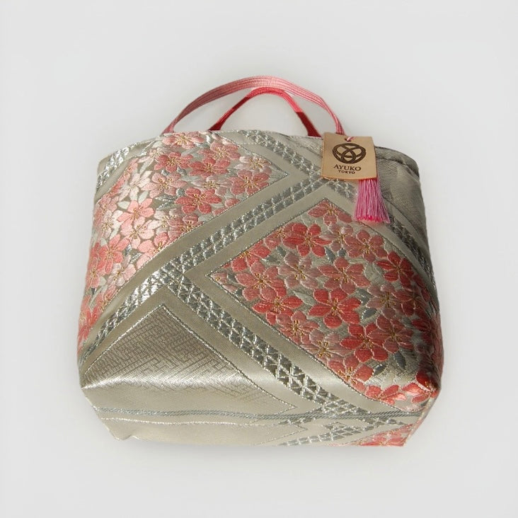 Vintage Fukuro Obi Mini Tote Bag — Pink Sakura on Silver Silk