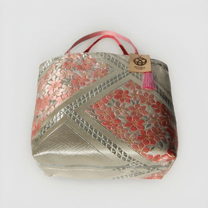 Vintage Fukuro Obi Mini Tote Bag — Pink Sakura on Silver Silk