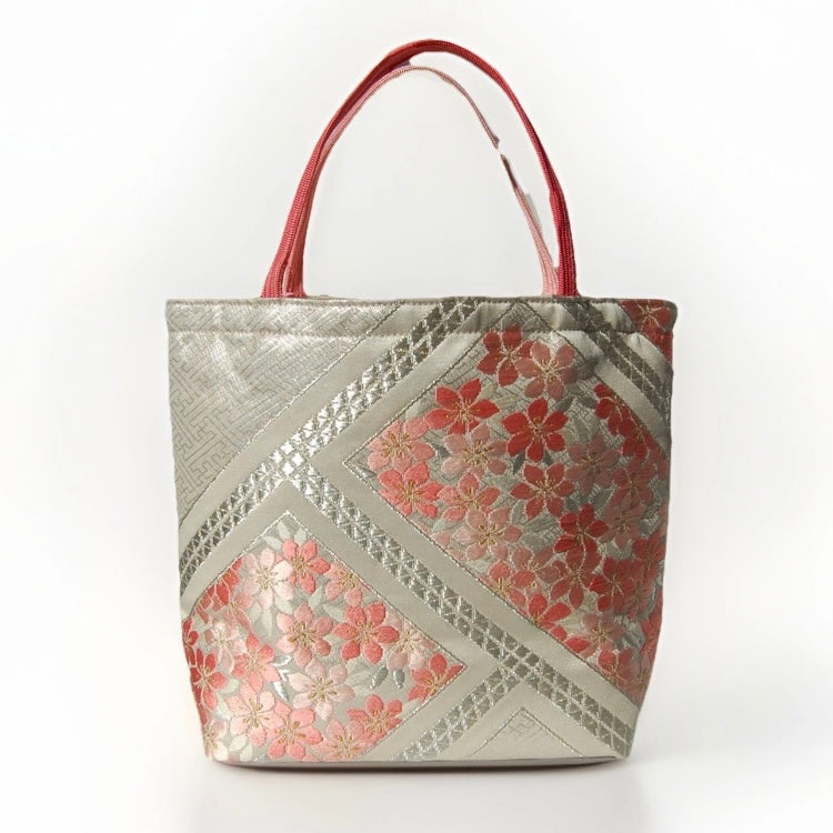 Vintage Fukuro Obi Mini Tote Bag — Pink Sakura on Silver Silk