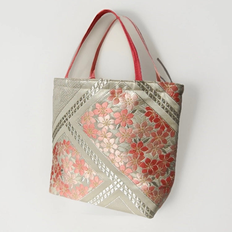 Vintage Fukuro Obi Mini Tote Bag — Pink Sakura on Silver Silk