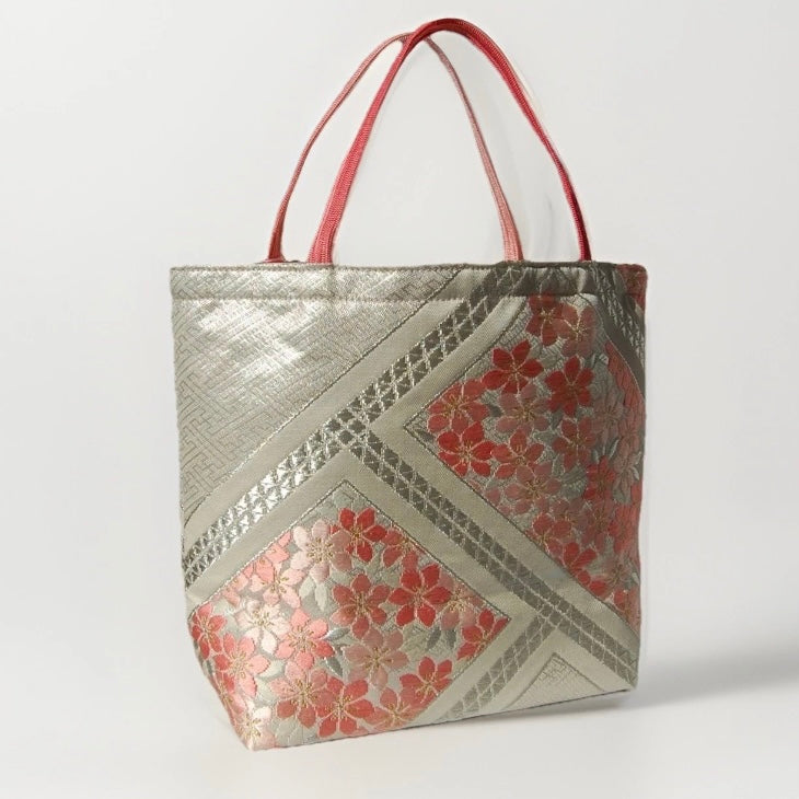 Vintage Fukuro Obi Mini Tote Bag — Pink Sakura on Silver Silk