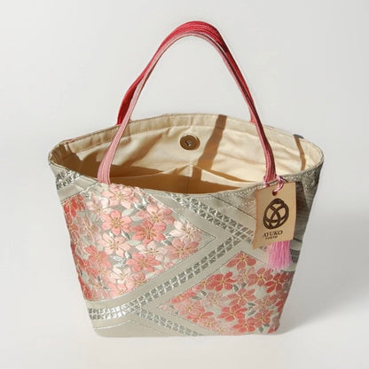 Vintage Fukuro Obi Mini Tote Bag — Pink Sakura on Silver Silk