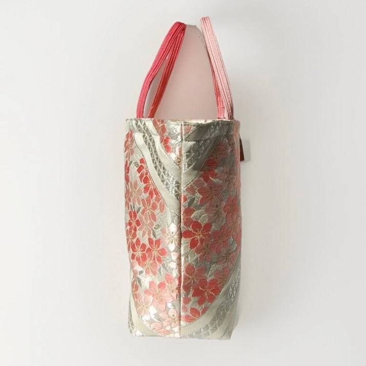 Vintage Fukuro Obi Mini Tote Bag — Pink Sakura on Silver Silk