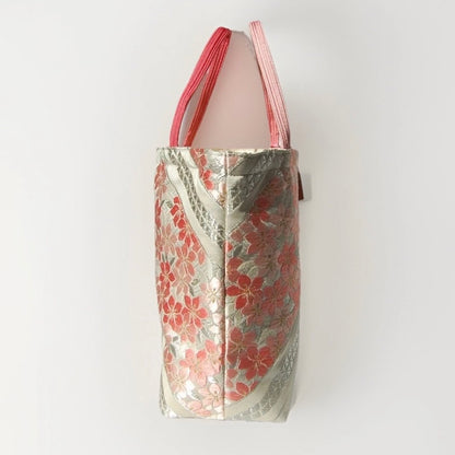 Vintage Fukuro Obi Mini Tote Bag — Pink Sakura on Silver Silk