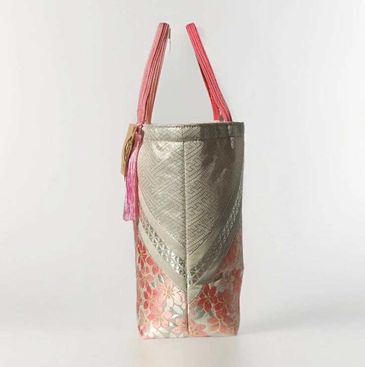 Vintage Fukuro Obi Mini Tote Bag — Pink Sakura on Silver Silk