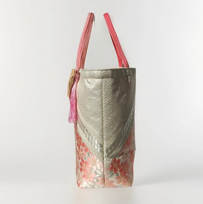 Vintage Fukuro Obi Mini Tote Bag — Pink Sakura on Silver Silk