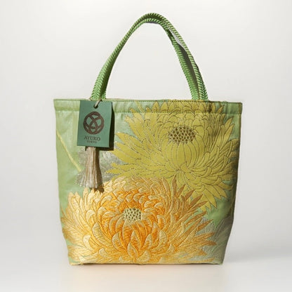 Vintage Fukuro Obi Mini Tote Bag — Branching Peony in Yellow-Green Silk