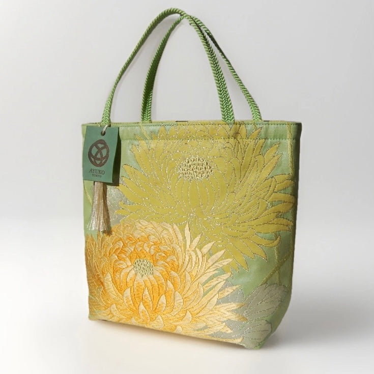 Vintage Fukuro Obi Mini Tote Bag — Branching Peony in Yellow-Green Silk