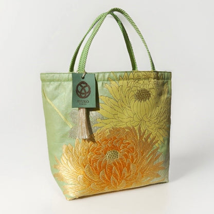 Vintage Fukuro Obi Mini Tote Bag — Branching Peony in Yellow-Green Silk