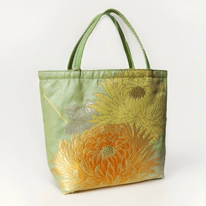 Vintage Fukuro Obi Mini Tote Bag — Branching Peony in Yellow-Green Silk