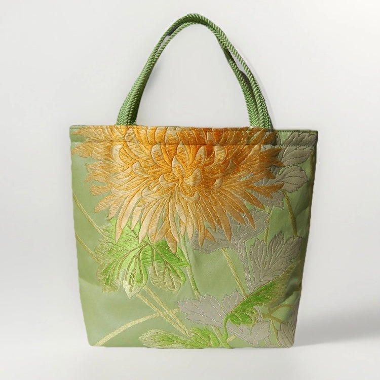Vintage Fukuro Obi Mini Tote Bag — Branching Peony in Yellow-Green Silk