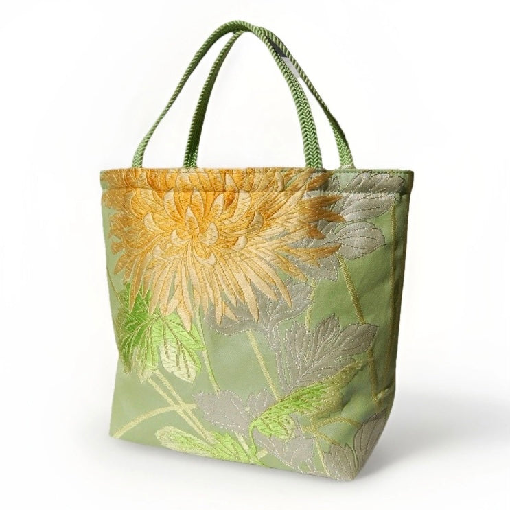 Vintage Fukuro Obi Mini Tote Bag — Branching Peony in Yellow-Green Silk