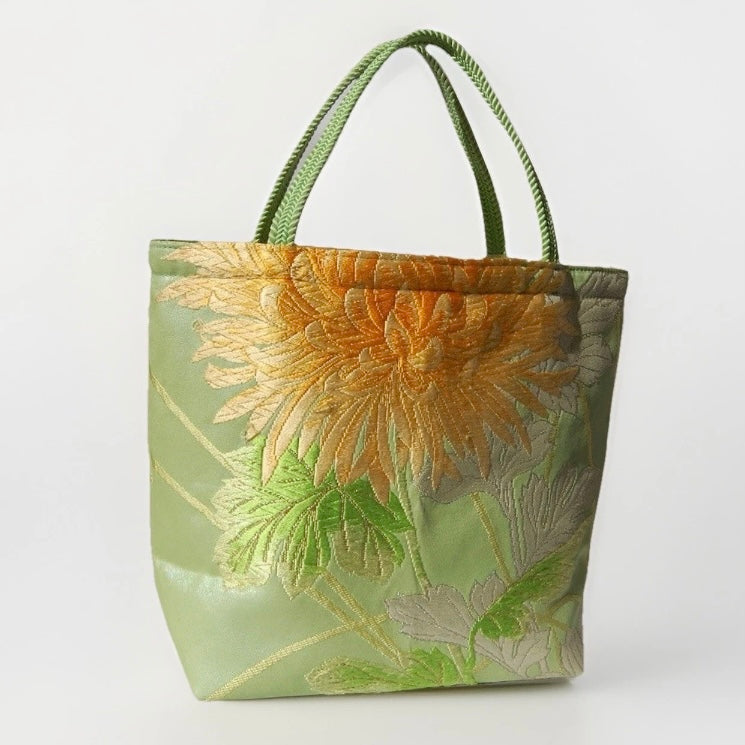 Vintage Fukuro Obi Mini Tote Bag — Branching Peony in Yellow-Green Silk