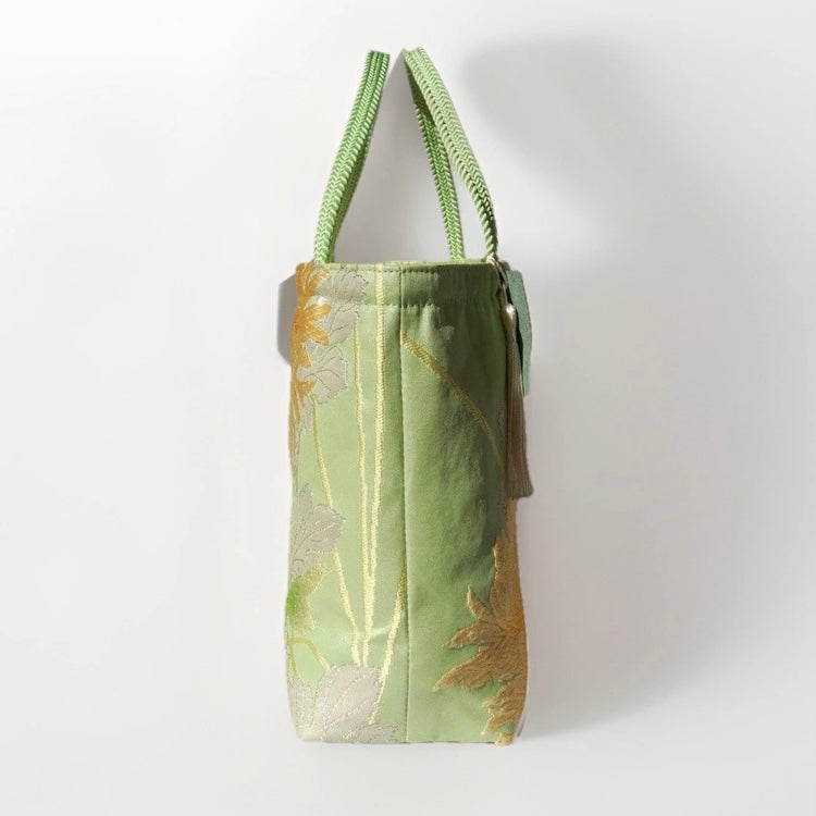 Vintage Fukuro Obi Mini Tote Bag — Branching Peony in Yellow-Green Silk