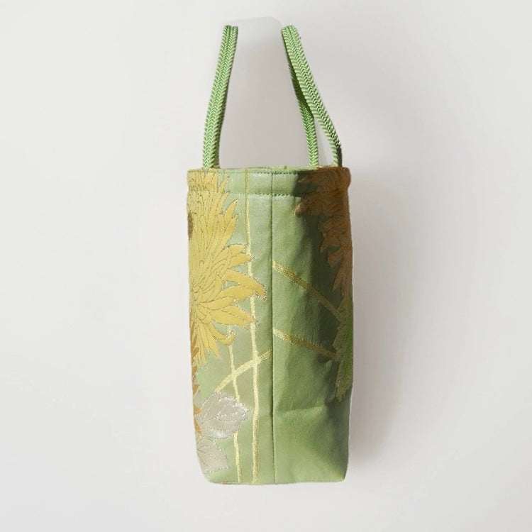 Vintage Fukuro Obi Mini Tote Bag — Branching Peony in Yellow-Green Silk