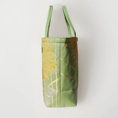 Vintage Fukuro Obi Mini Tote Bag — Branching Peony in Yellow-Green Silk