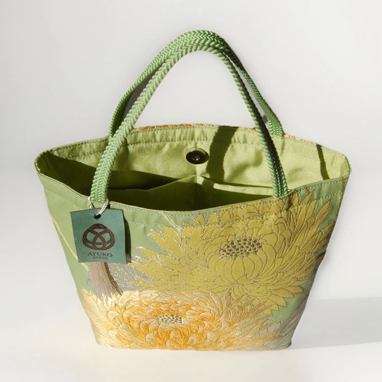 Vintage Fukuro Obi Mini Tote Bag — Branching Peony in Yellow-Green Silk