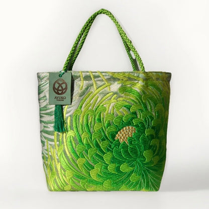 Rangiku 乱菊 Chrysanthemum Vintage Obi Silk Tote in Green Silver
