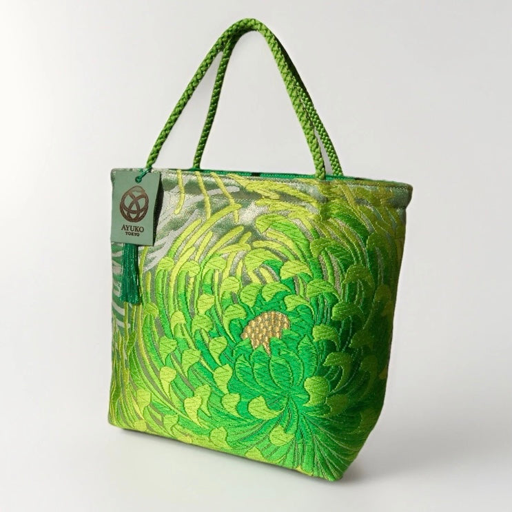 Rangiku 乱菊 Chrysanthemum Vintage Obi Silk Tote in Green Silver
