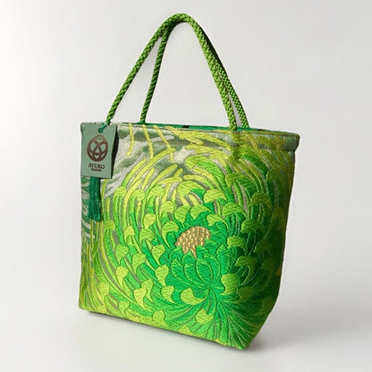 Rangiku 乱菊 Chrysanthemum Vintage Obi Silk Tote in Green Silver