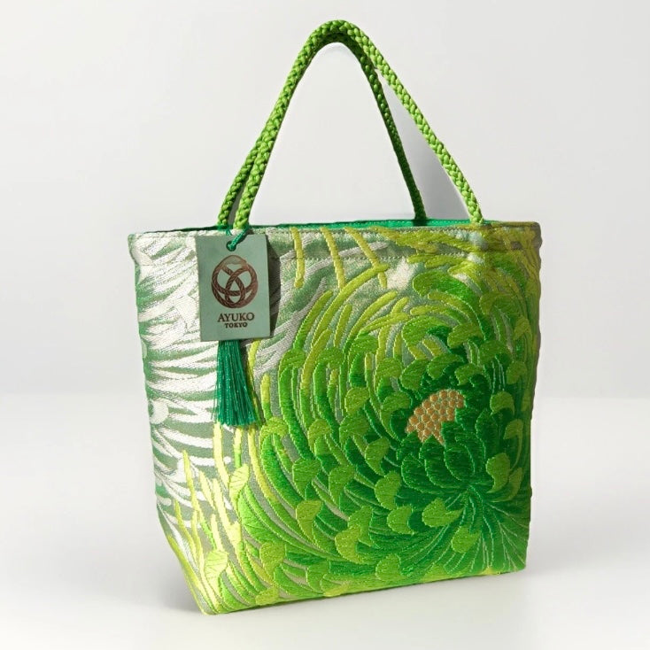 Rangiku 乱菊 Chrysanthemum Vintage Obi Silk Tote in Green Silver
