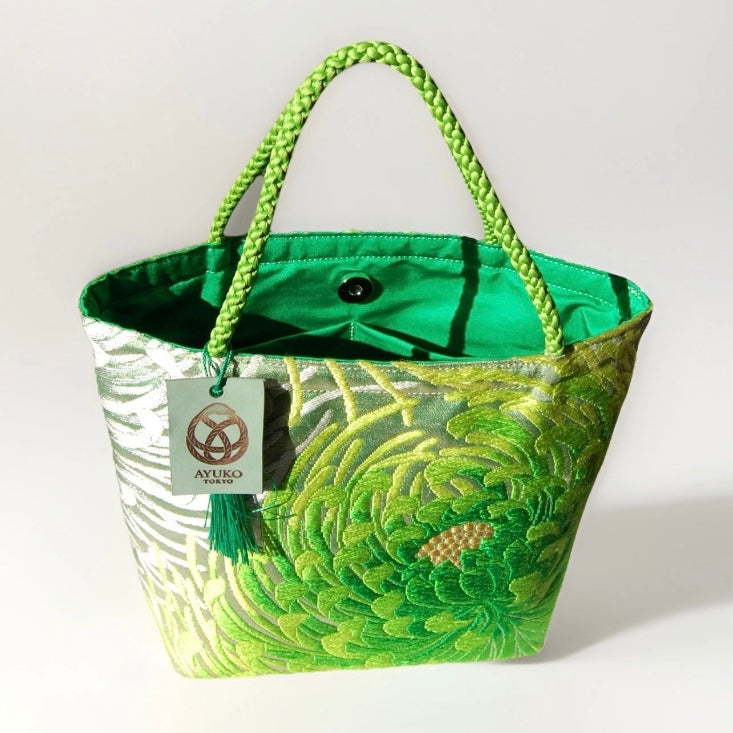 Rangiku 乱菊 Chrysanthemum Vintage Obi Silk Tote in Green Silver