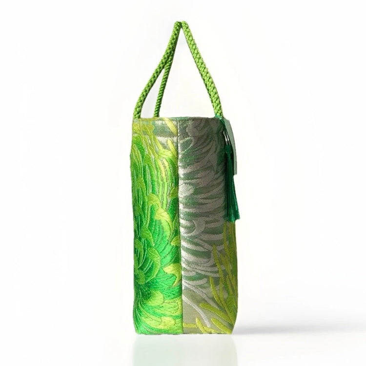 Rangiku 乱菊 Chrysanthemum Vintage Obi Silk Tote in Green Silver