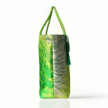 Rangiku 乱菊 Chrysanthemum Vintage Obi Silk Tote in Green Silver