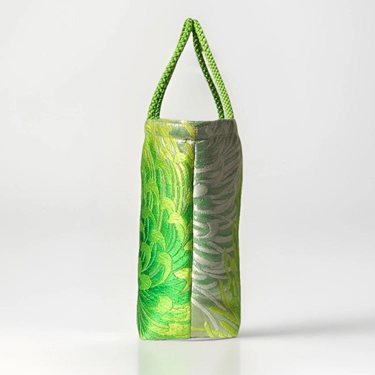 Rangiku 乱菊 Chrysanthemum Vintage Obi Silk Tote in Green Silver