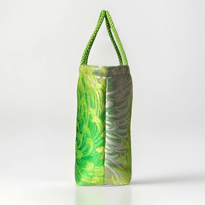 Rangiku 乱菊 Chrysanthemum Vintage Obi Silk Tote in Green Silver