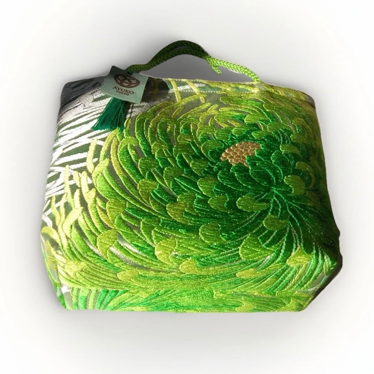 Rangiku 乱菊 Chrysanthemum Vintage Obi Silk Tote in Green Silver