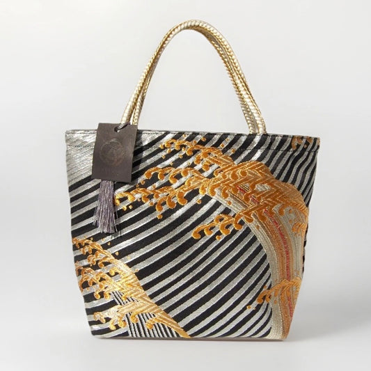 Vintage Fukuro Obi Mini Tote Bag — Gold Standing Wave on Black & Silver Silk