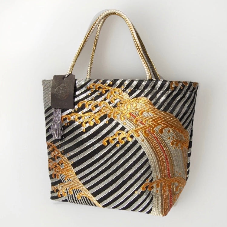 Vintage Fukuro Obi Mini Tote Bag — Gold Standing Wave on Black & Silver Silk
