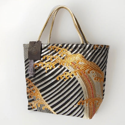 Vintage Fukuro Obi Mini Tote Bag — Gold Standing Wave on Black & Silver Silk