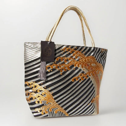 Vintage Fukuro Obi Mini Tote Bag — Gold Standing Wave on Black & Silver Silk